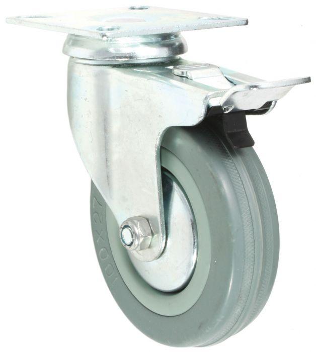 100mm Grey Rubber Castor braked with 57 x 57 plate - Cateringhardwaredirect - Castor - 100GRBP57