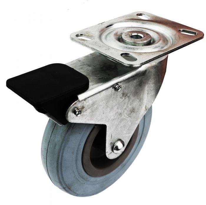 125mm Grey Rubber Castor braked with plate - Cateringhardwaredirect - Castor - 1322030