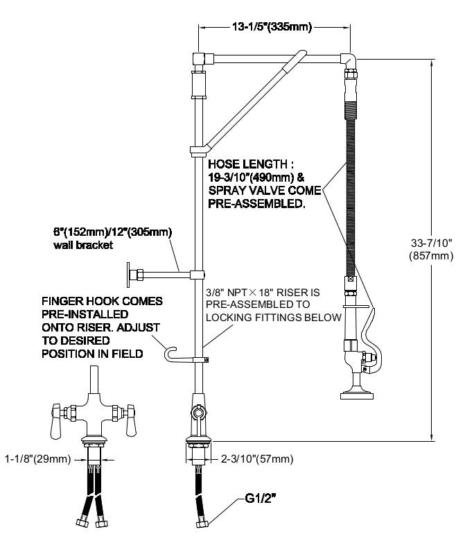 Vortex Pre-Rinse Spray, Deck Mount, Single Pedestal, Twin Feed, Hangman Style - Cateringhardwaredirect - Pre-Rinse - OHD20H