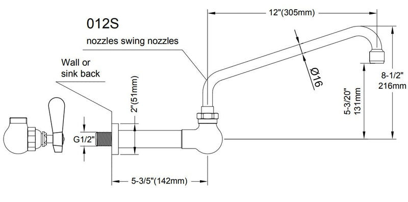 Wall Mounted Single pedestal, Single Feed Tap with 12" Spout - Catering Hardware Direct - Taps - OHW112